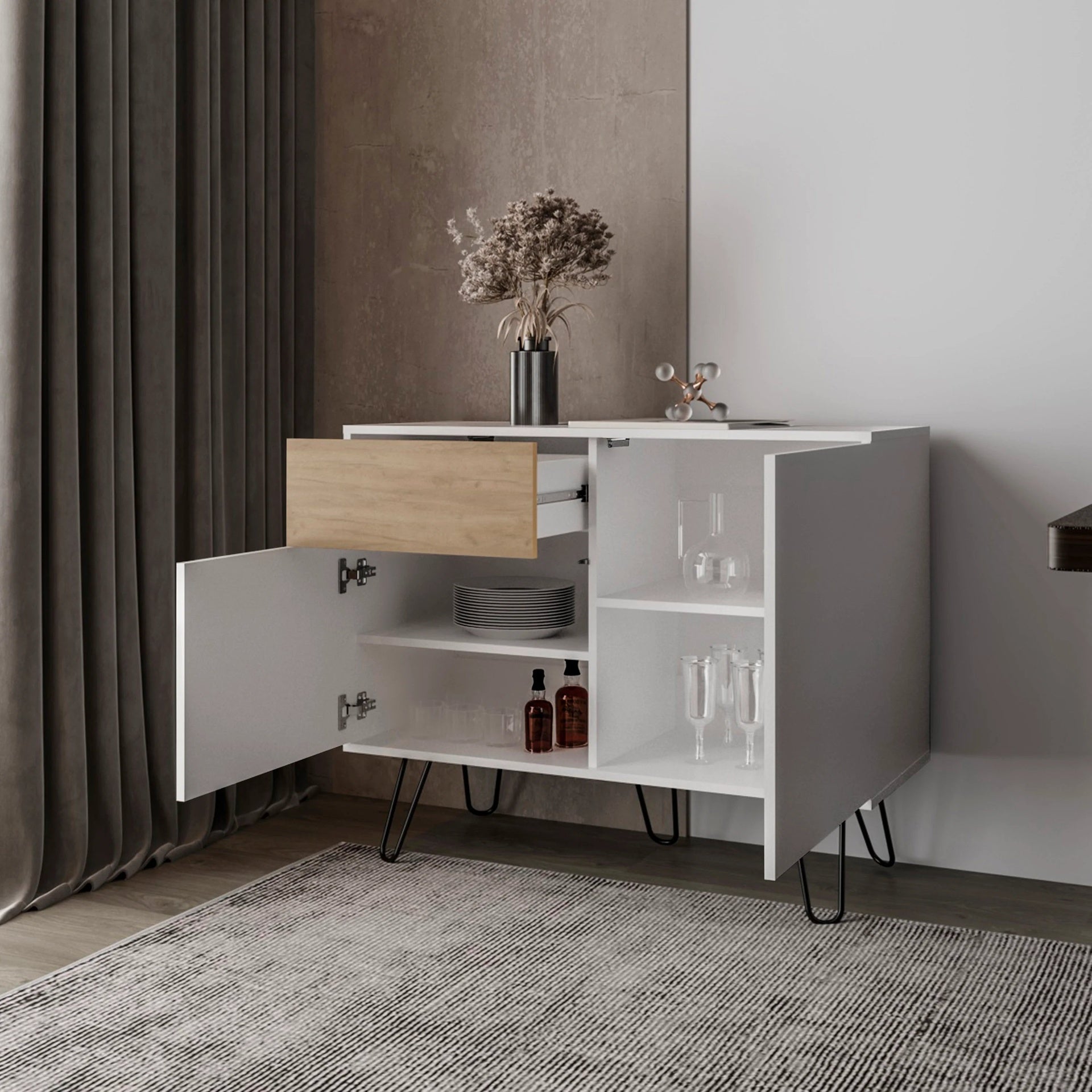 White and Natural Oak Sideboard with Hairpin Legs