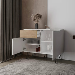 White and Natural Oak Sideboard with Hairpin Legs