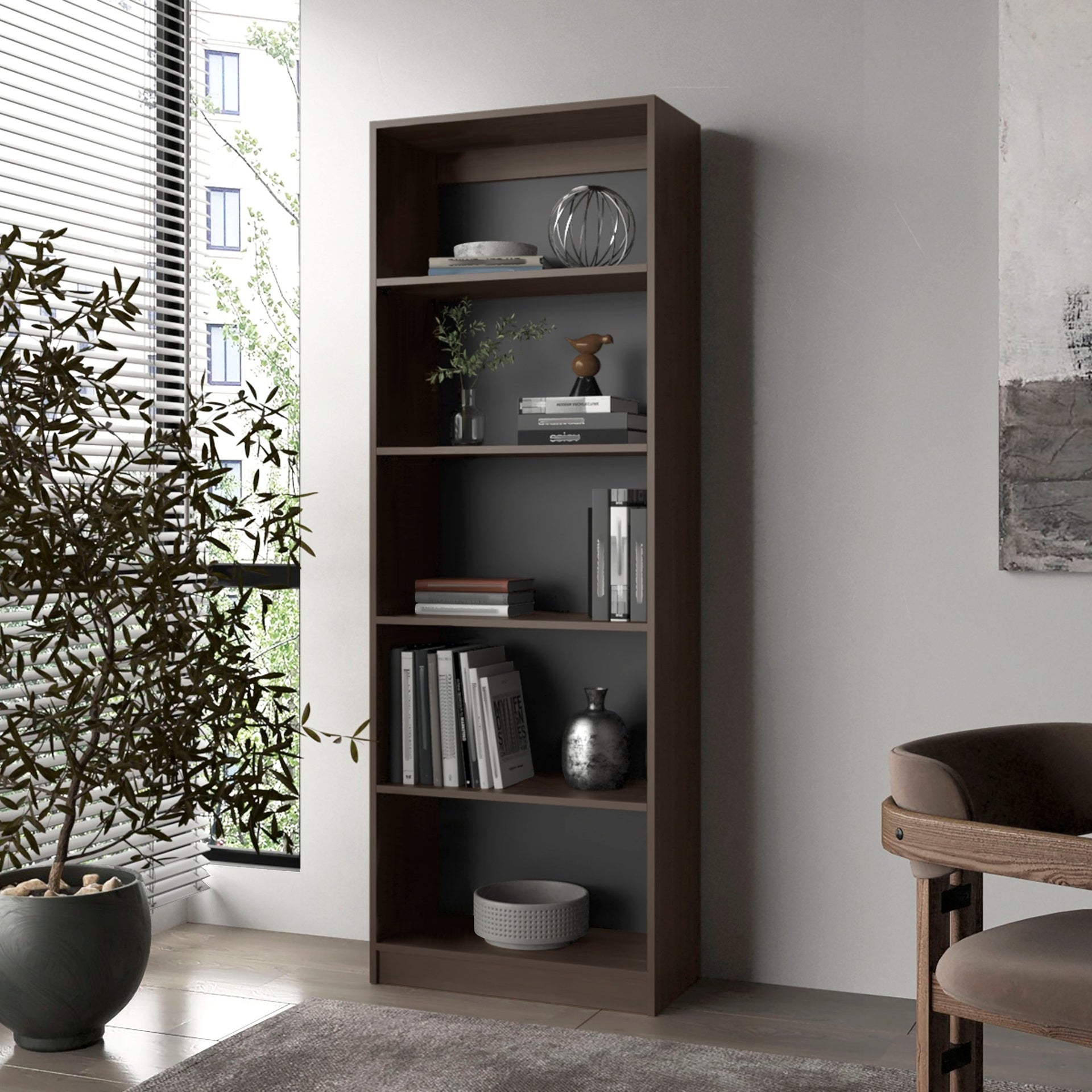 Stained Walnut Bookcase with Open Storage and 5 Shelves