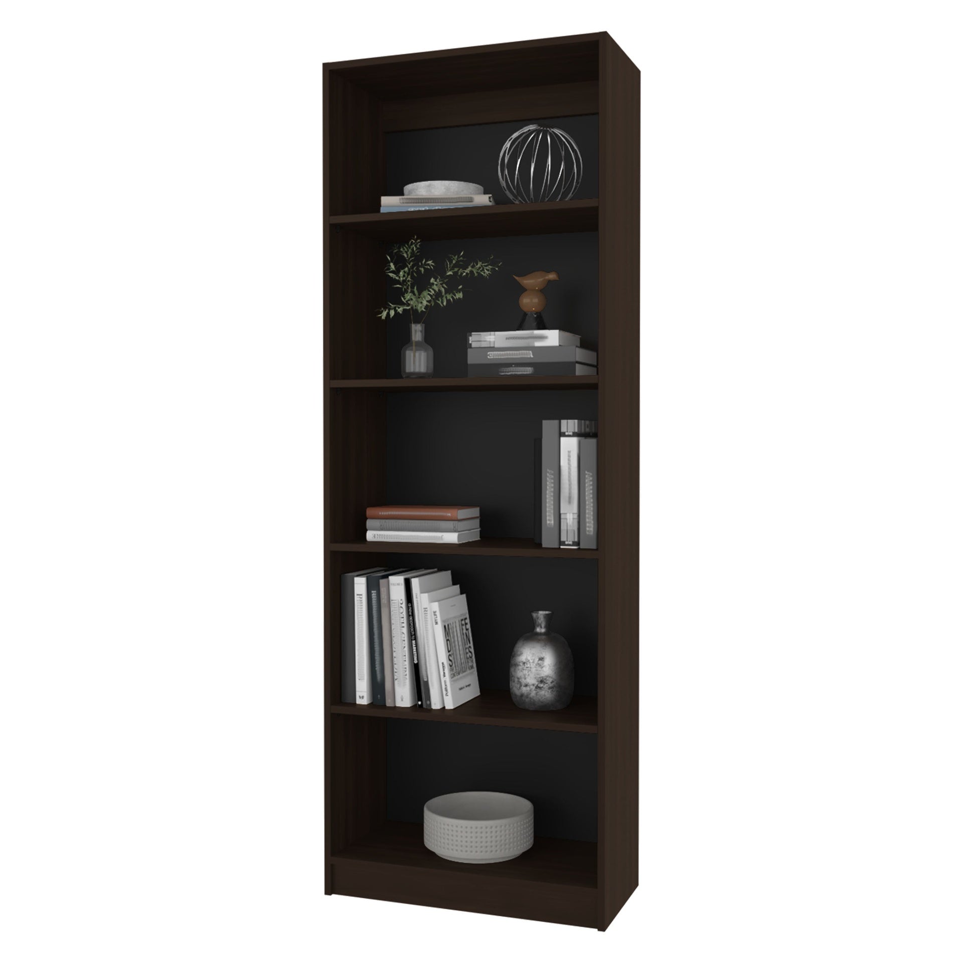 Stained Walnut Bookcase with Open Storage and 5 Shelves