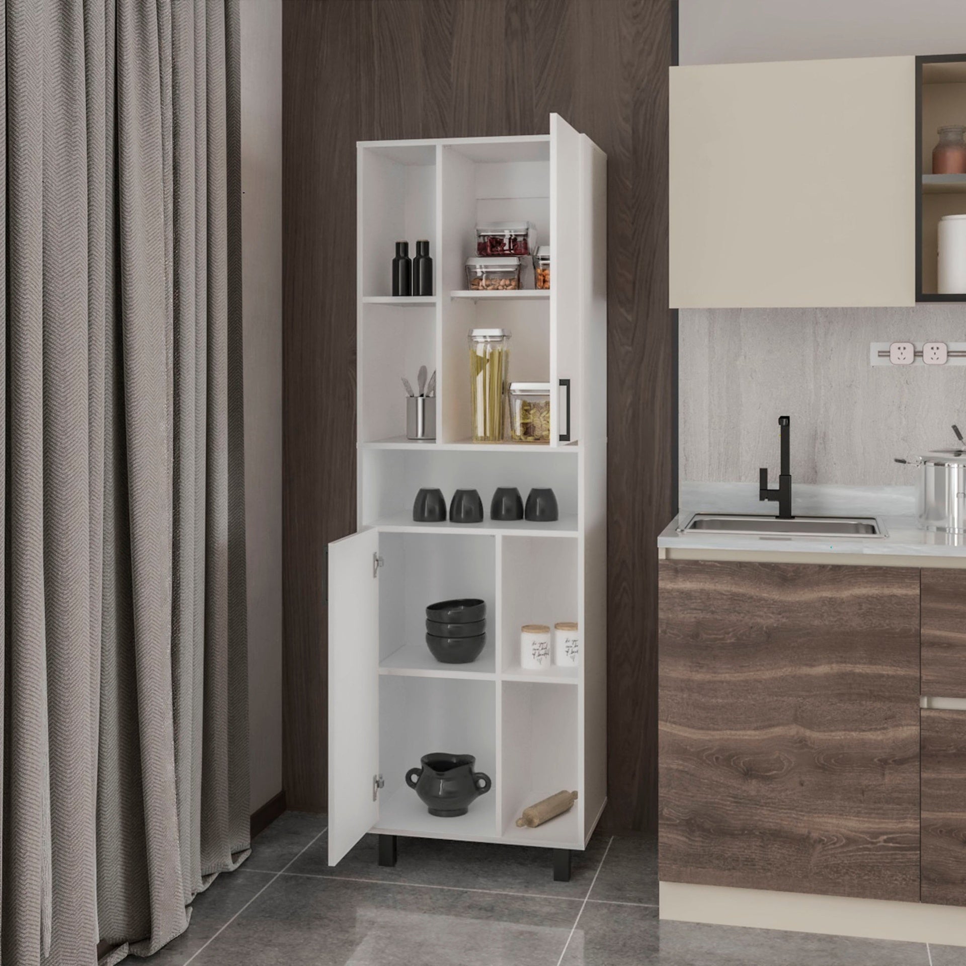 White Kitchen Pantry with Open Storage and 2 Doors