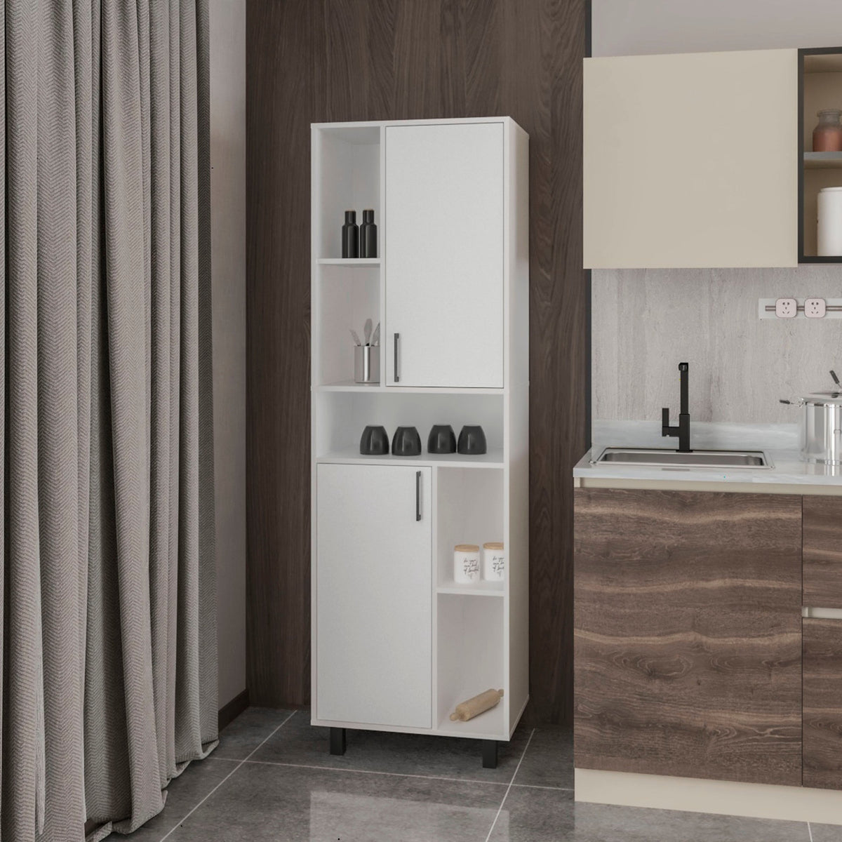 White Kitchen Pantry with Open Storage and 2 Doors