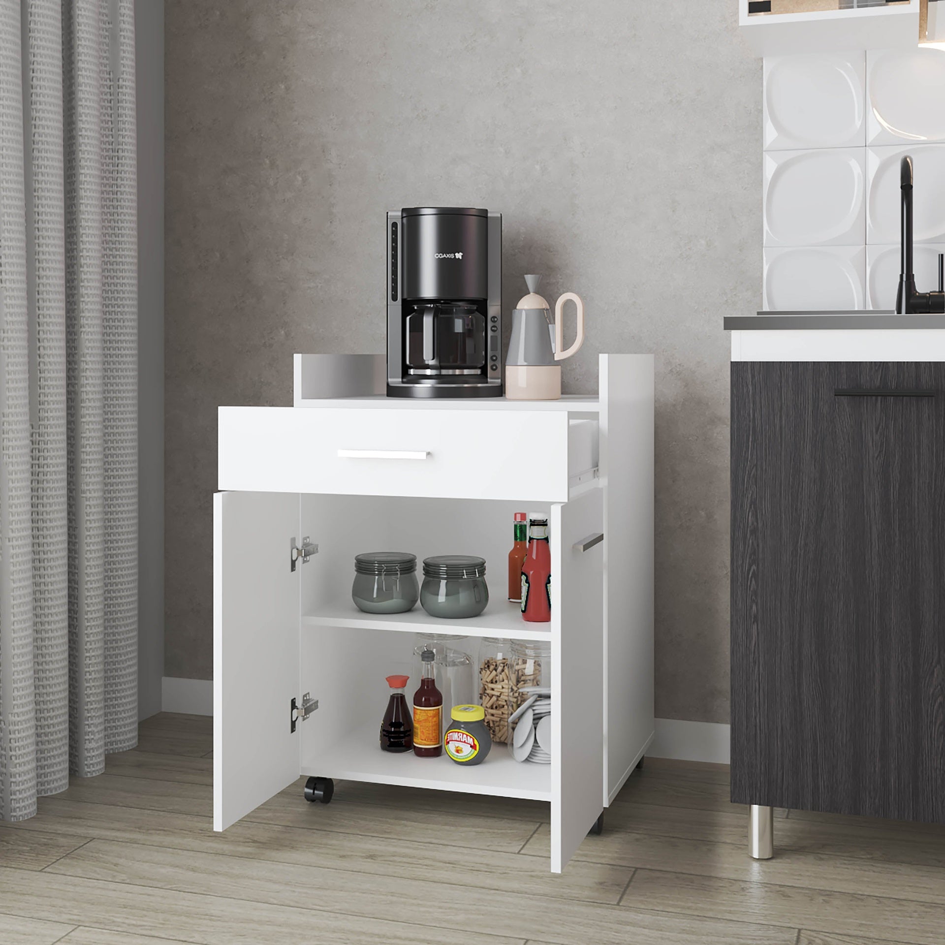 White Burnside Kitchen Cart with 2 Doors and 1 Drawer