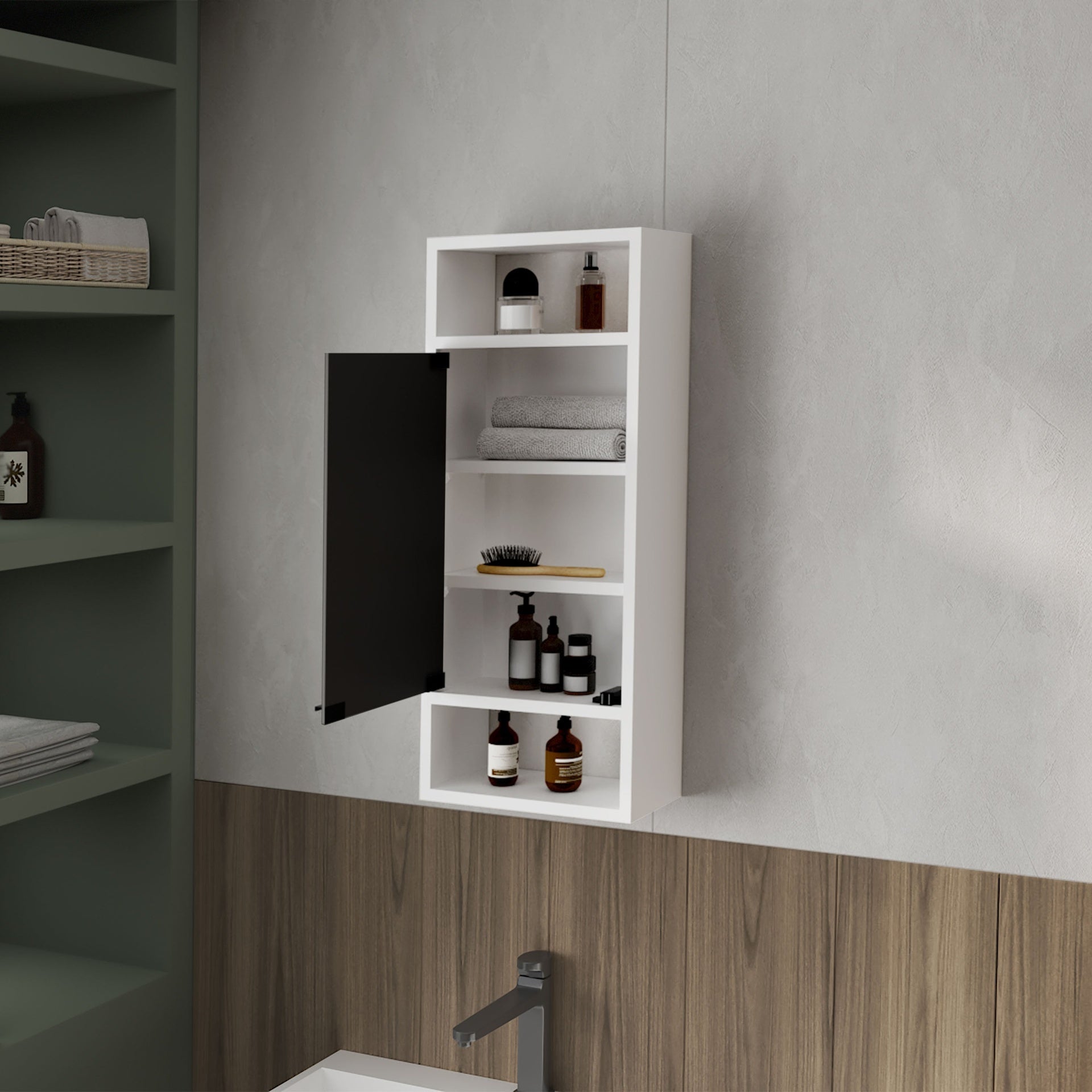White Medicine Cabinet with Mirrored Door and Open Storage