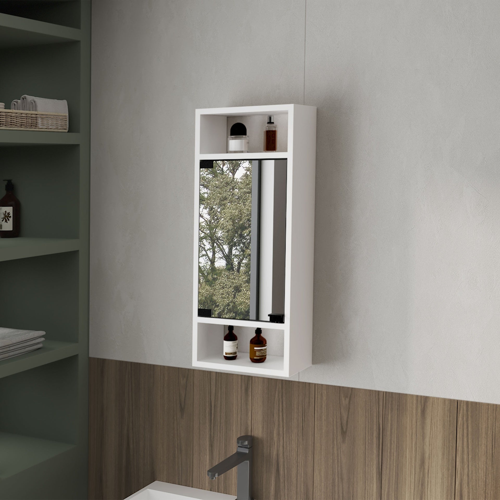 White Medicine Cabinet with Mirrored Door and Open Storage