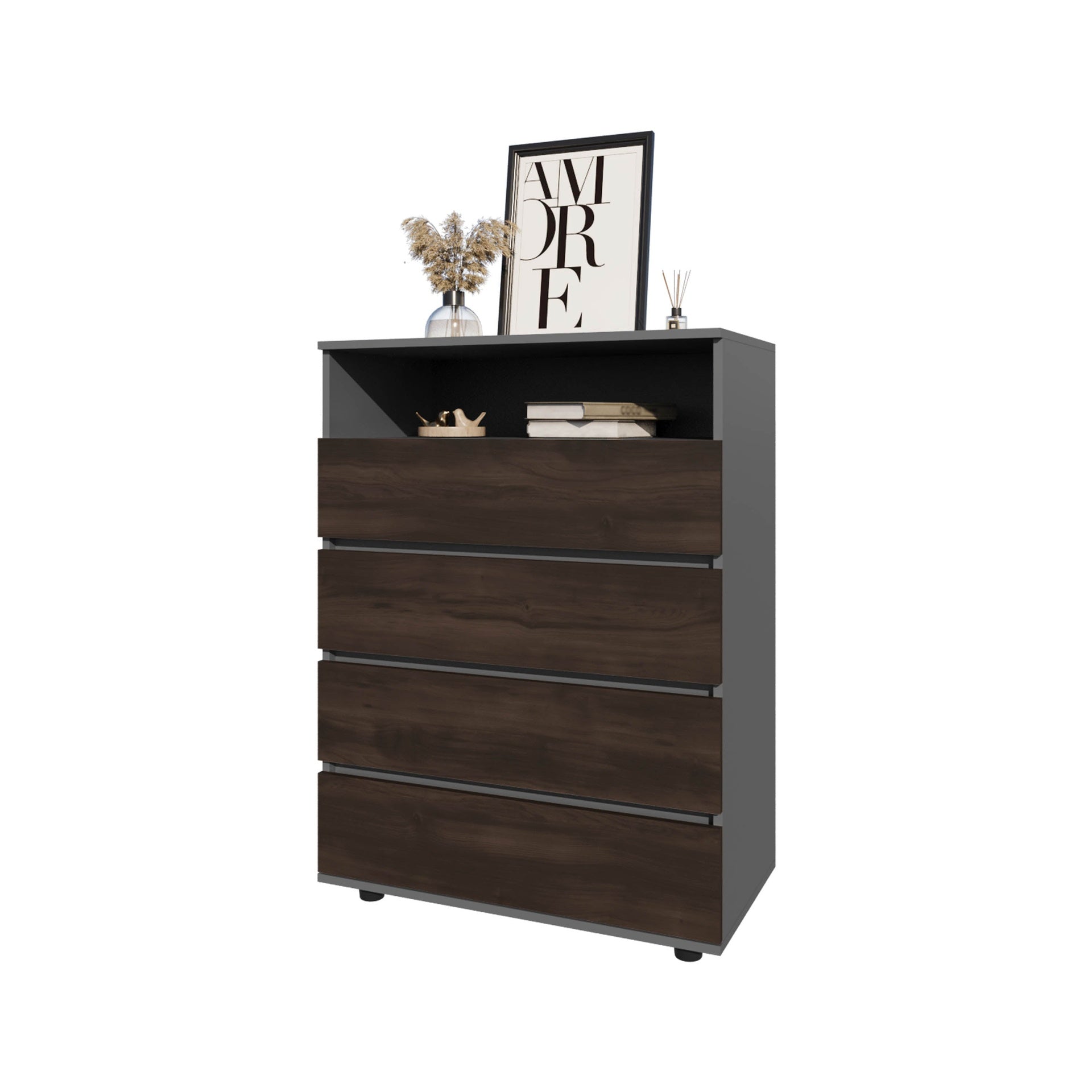 Stained Walnut 4-Drawer Dresser with Open Shelf