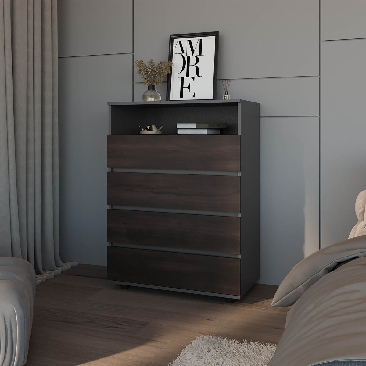 Stained Walnut 4-Drawer Dresser with Open Shelf