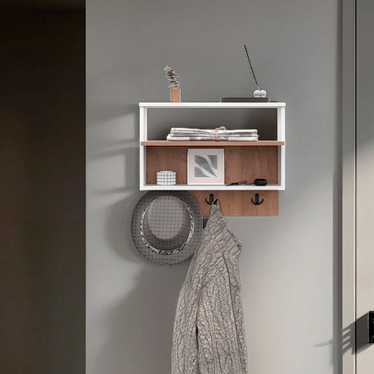 White and Natural Oak Wall-mounted Organizer with Open Storage