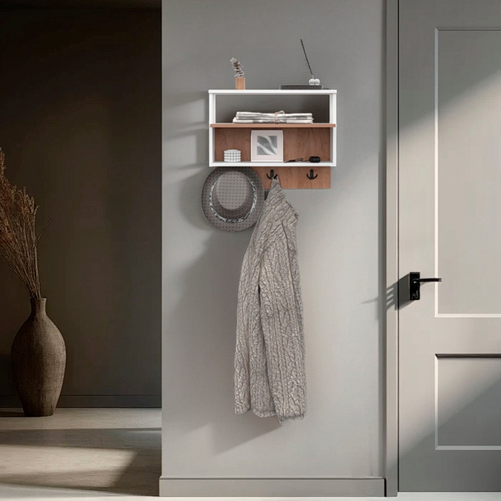 White and Natural Oak Wall-mounted Organizer with Open Storage