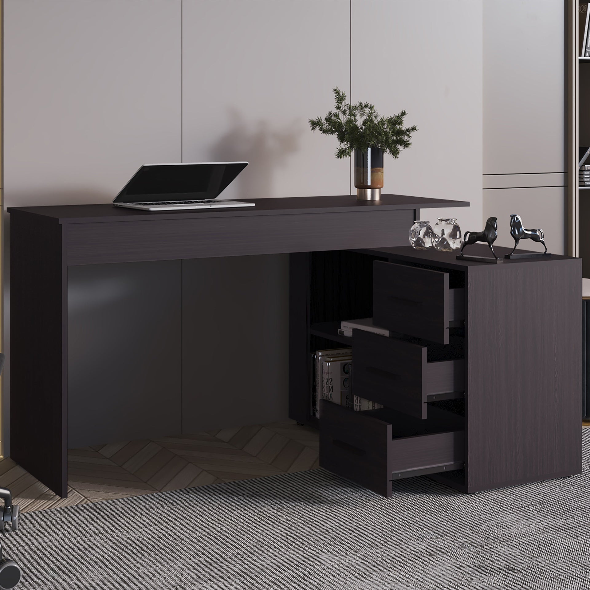 Wenge L-Shaped Desk with 3 Drawers and Storage Space