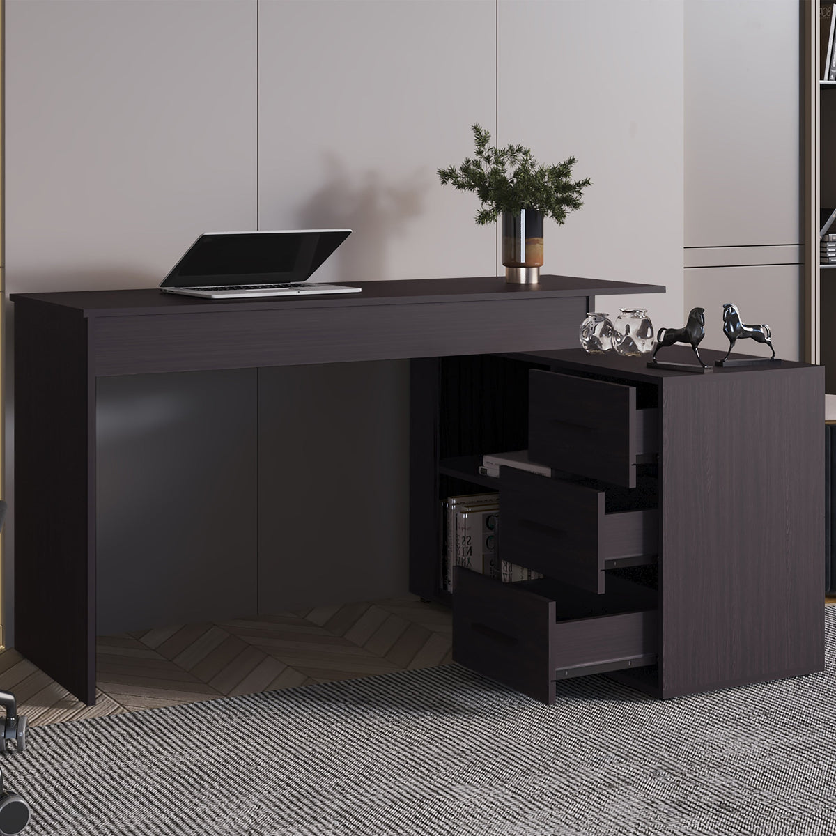 Wenge L-Shaped Desk with 3 Drawers and Storage Space