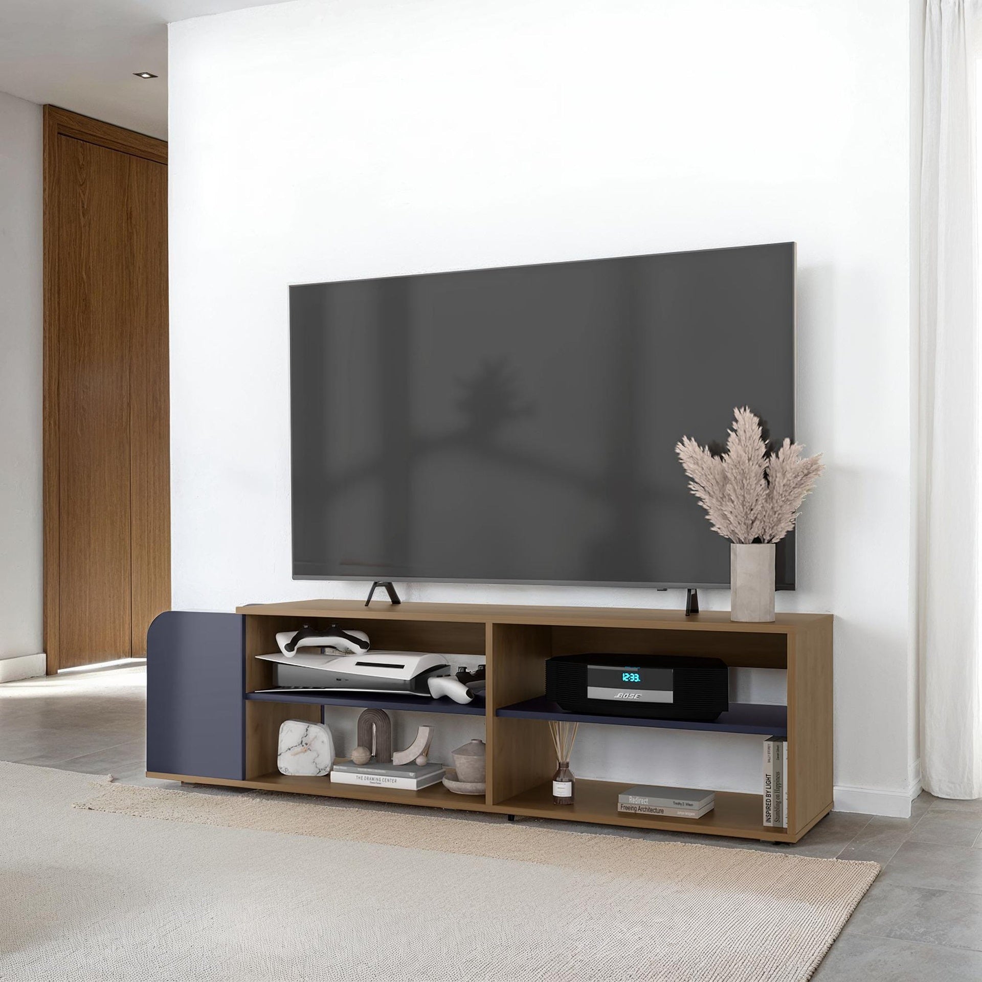 Natural Oak and Navy Blue Entertainment Console with Open Shelf