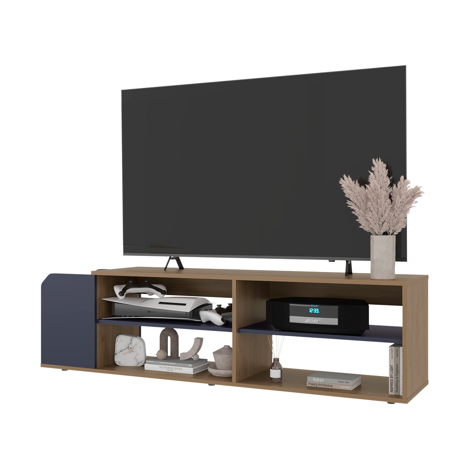 Natural Oak and Navy Blue Entertainment Console with Open Shelf