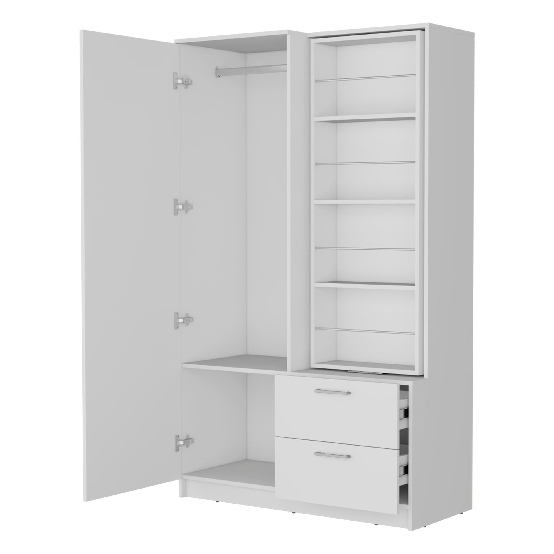 White Armoire Wardrobe with Open Storage and 2 Drawer