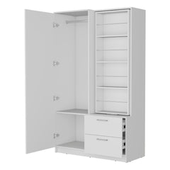 White Armoire Wardrobe with Open Storage and 2 Drawer