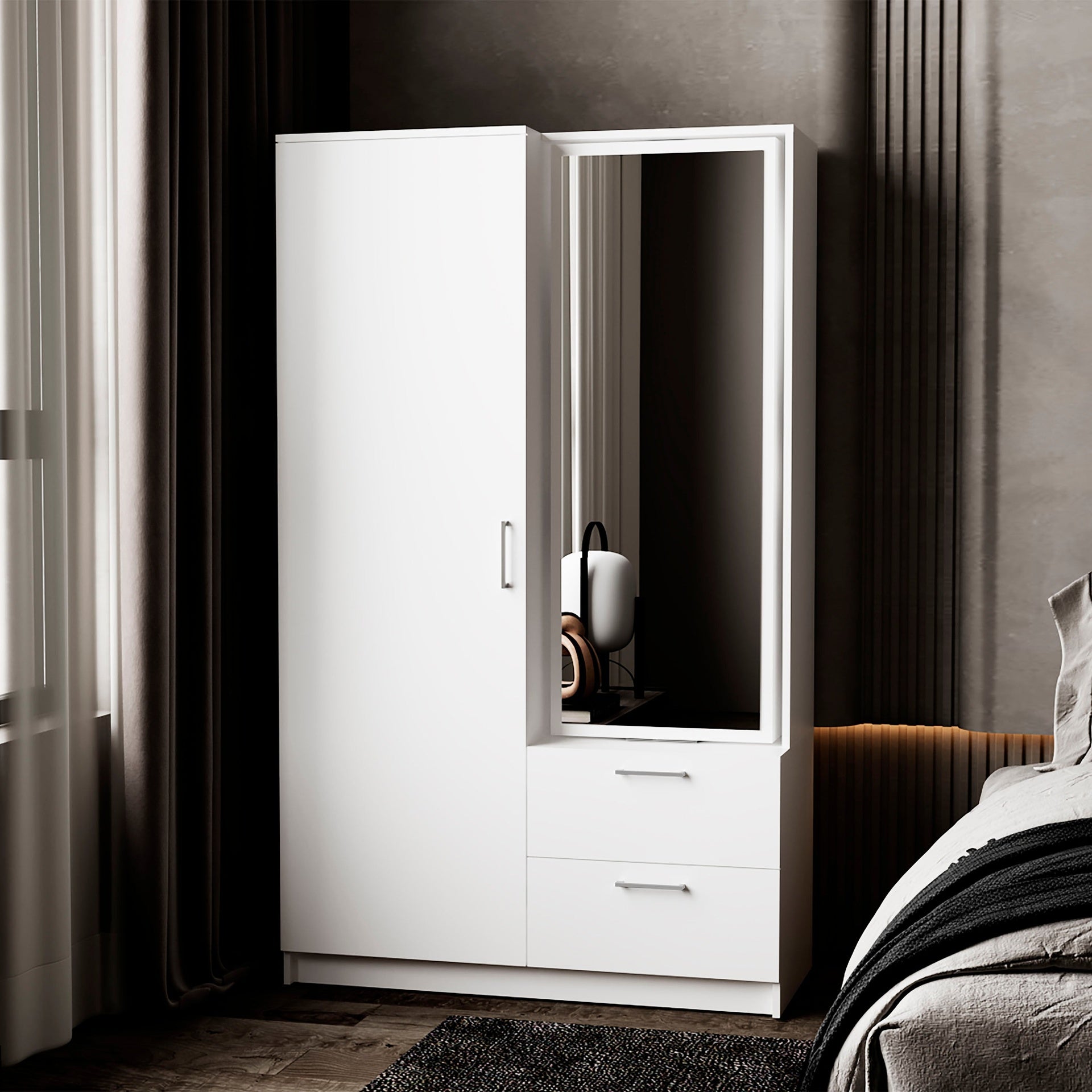 White Armoire Wardrobe with Open Storage and 2 Drawer