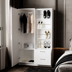 White Armoire Wardrobe with Open Storage and 2 Drawer