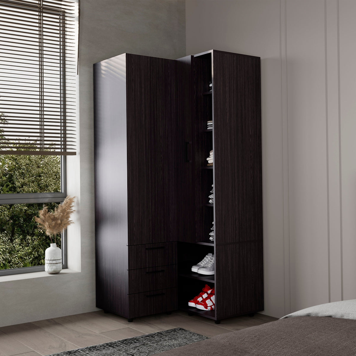 Wenge Armoire Wardrobe with Open Storage and 2 Drawers