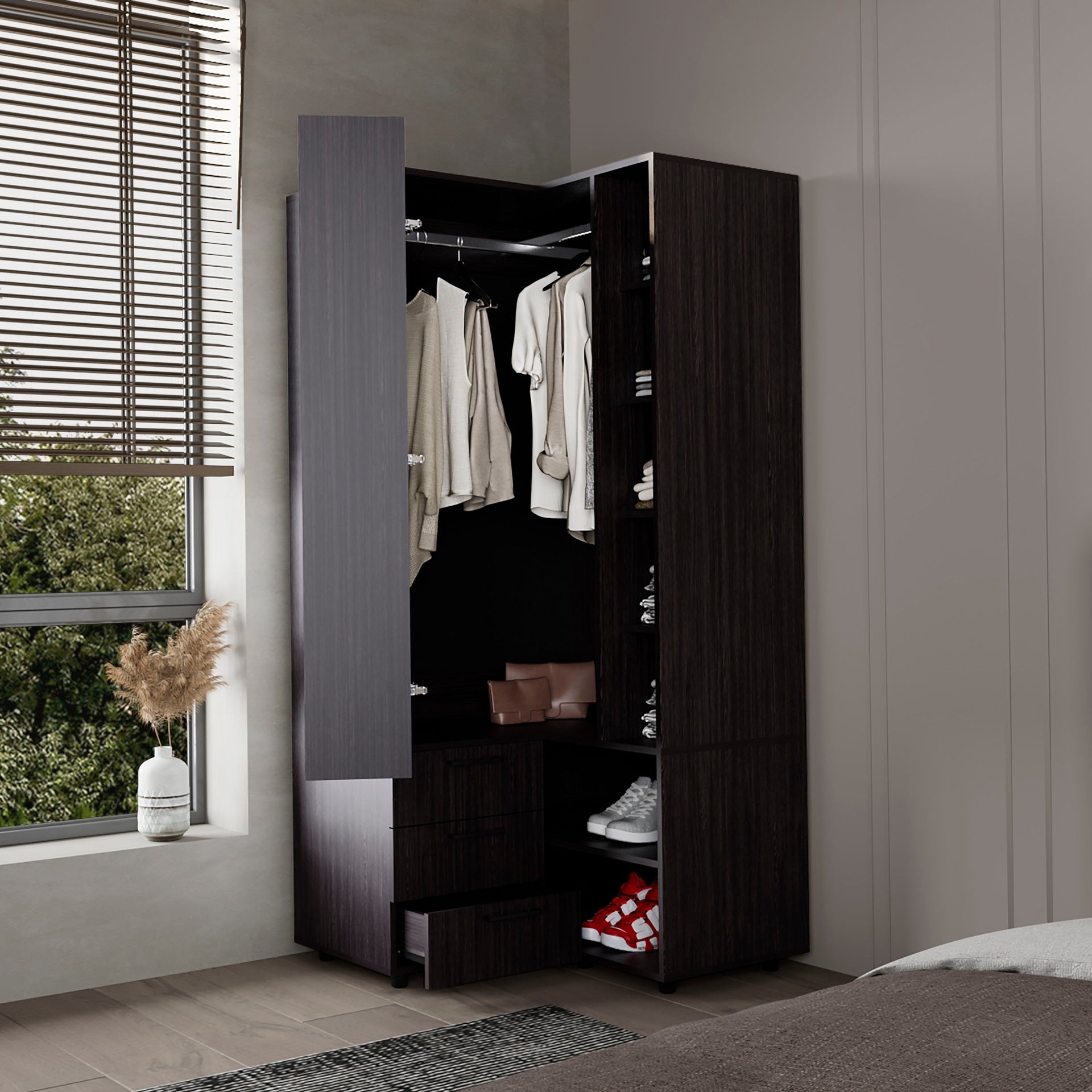 Wenge Armoire Wardrobe with Open Storage and 2 Drawers