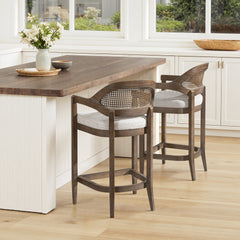 Americana Mid-Century Modern 26" Cane Back Counter Stool, Two-Tone Neutral Gray Polyester Wool Blend