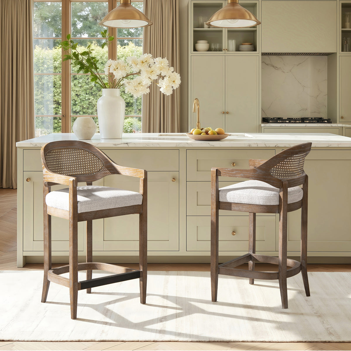 Americana Mid-Century Modern 26" Cane Back Counter Stool, Two-Tone Neutral Gray Polyester Wool Blend