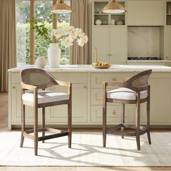 Americana Mid-Century Modern 26" Cane Back Counter Stool, Two-Tone Neutral Gray Polyester Wool Blend