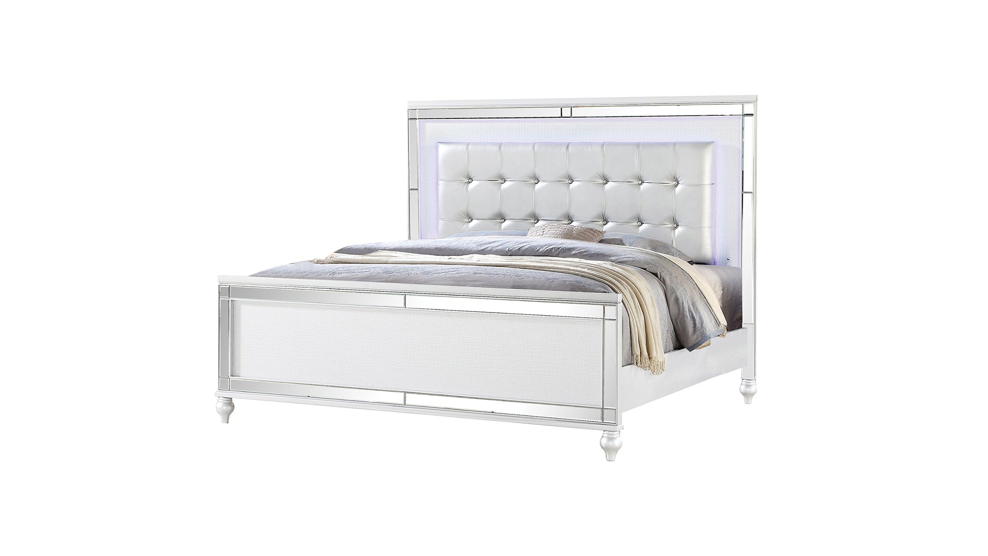 Sterling King Size Upholstered LED Bed made with wood in White Color(NJ Inventory)