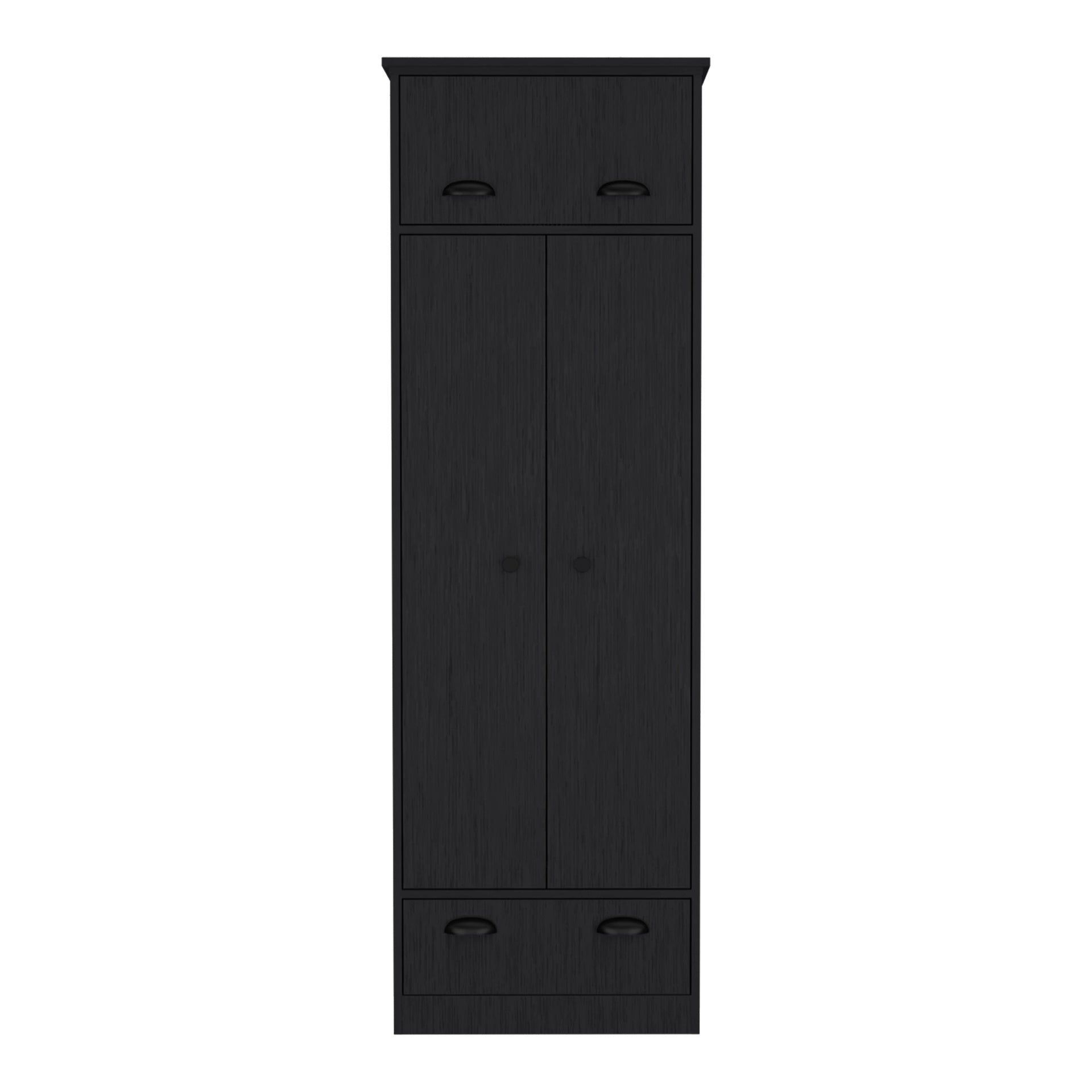 Dresser-closet with upper storage covered with 1 door, 2 central shelves, 1 tube for hanging clothes covered by 2 doors, 1 drawer at the bottom, Black