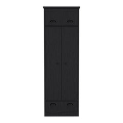 Dresser-closet with upper storage covered with 1 door, 2 central shelves, 1 tube for hanging clothes covered by 2 doors, 1 drawer at the bottom, Black