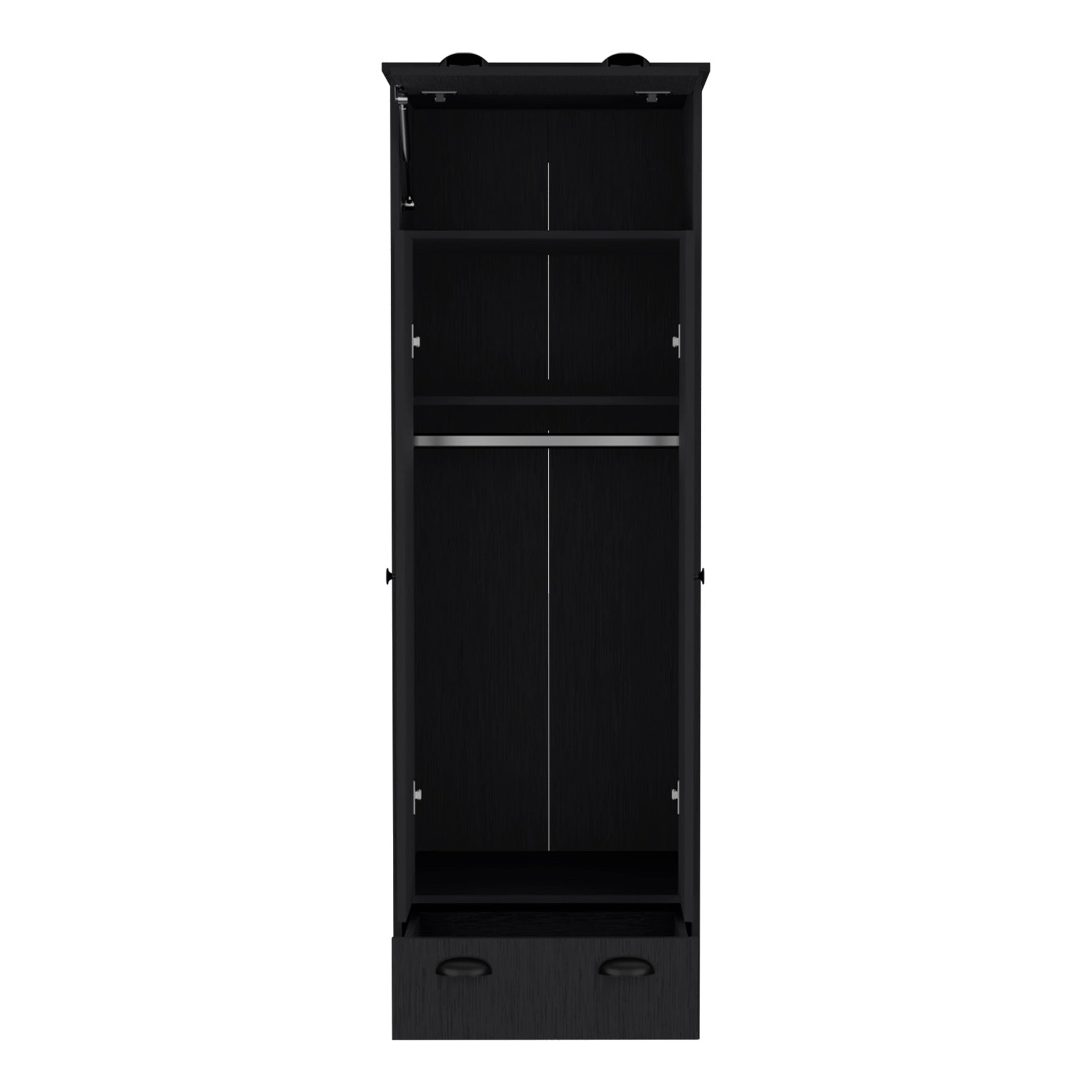 Dresser-closet with upper storage covered with 1 door, 2 central shelves, 1 tube for hanging clothes covered by 2 doors, 1 drawer at the bottom, Black