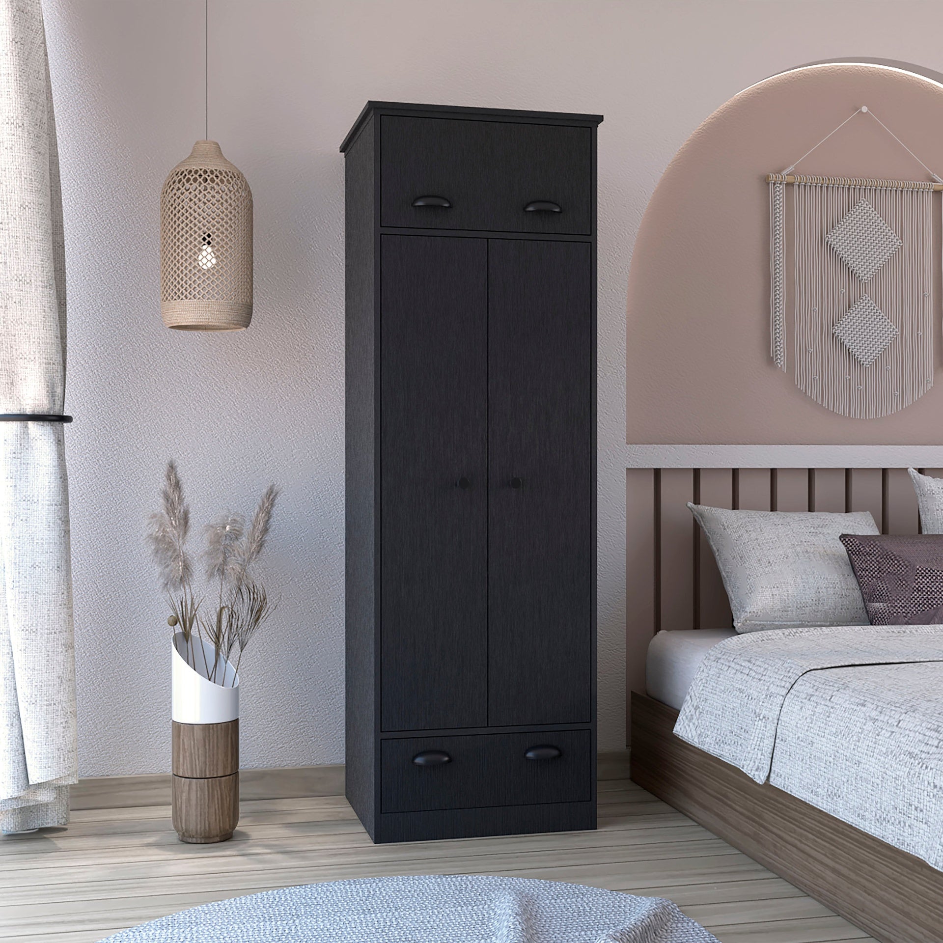 Dresser-closet with upper storage covered with 1 door, 2 central shelves, 1 tube for hanging clothes covered by 2 doors, 1 drawer at the bottom, Black