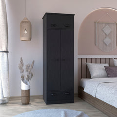 Dresser-closet with upper storage covered with 1 door, 2 central shelves, 1 tube for hanging clothes covered by 2 doors, 1 drawer at the bottom, Black