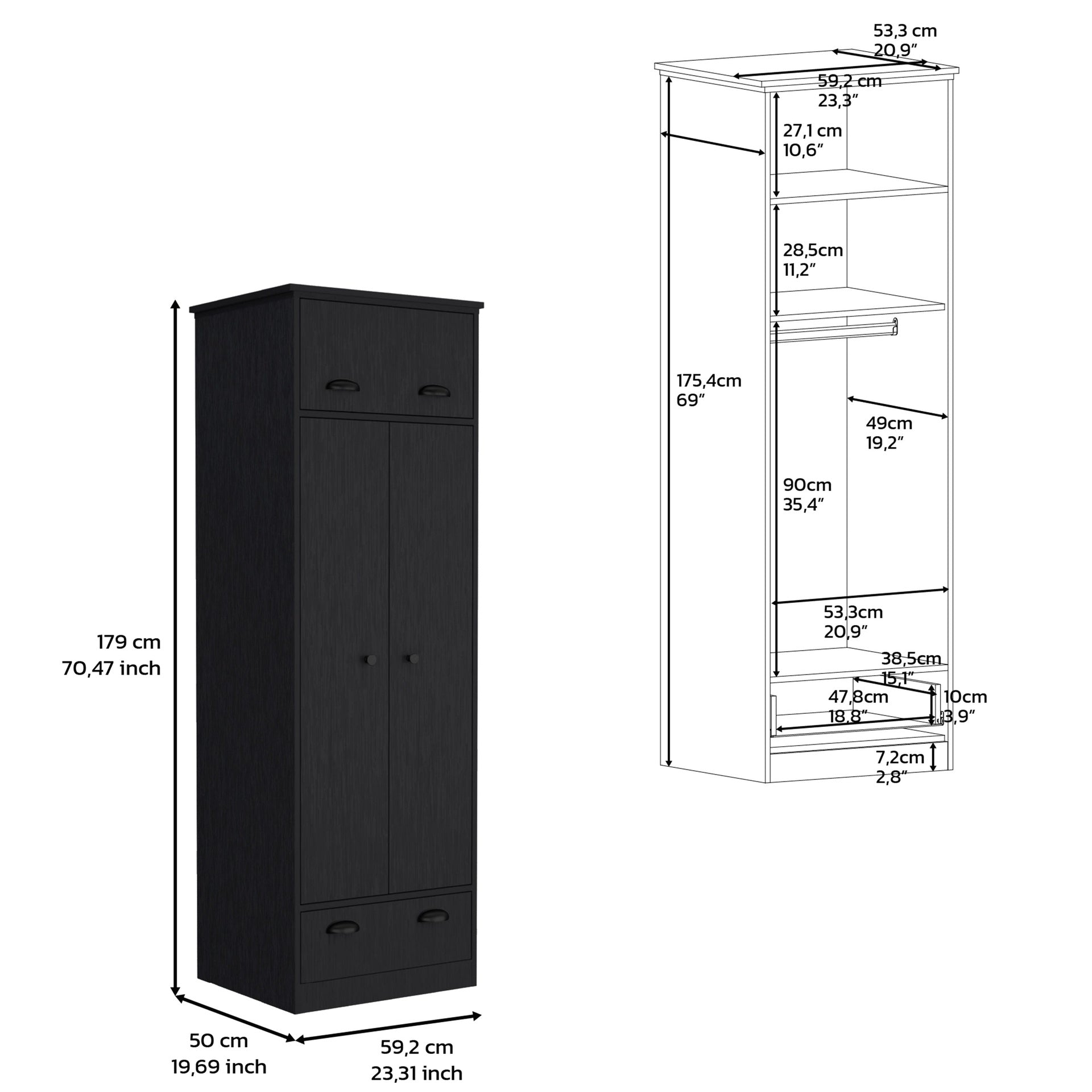 Dresser-closet with upper storage covered with 1 door, 2 central shelves, 1 tube for hanging clothes covered by 2 doors, 1 drawer at the bottom, Black