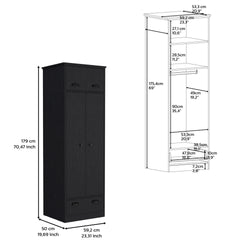 Dresser-closet with upper storage covered with 1 door, 2 central shelves, 1 tube for hanging clothes covered by 2 doors, 1 drawer at the bottom, Black