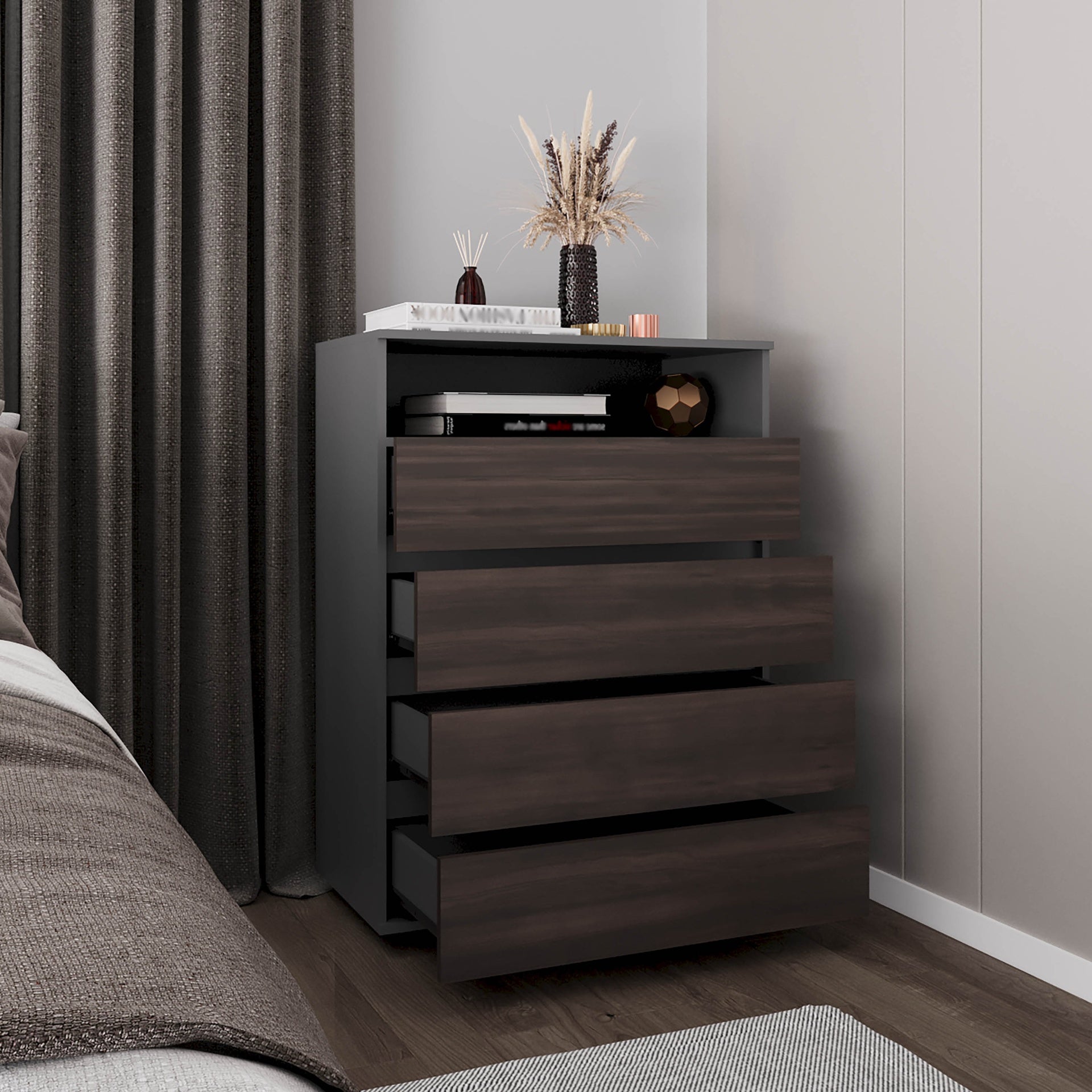 Dresser, 4 Drawers, 1 Shelf, Matt Gray / Dark Oak