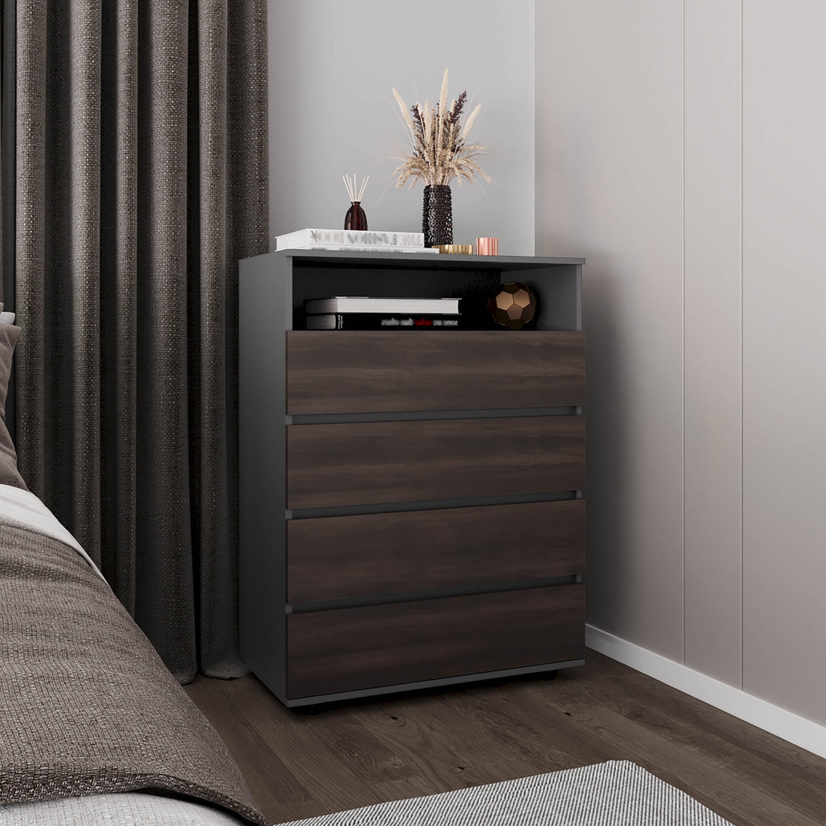 Dresser, 4 Drawers, 1 Shelf, Matt Gray / Dark Oak