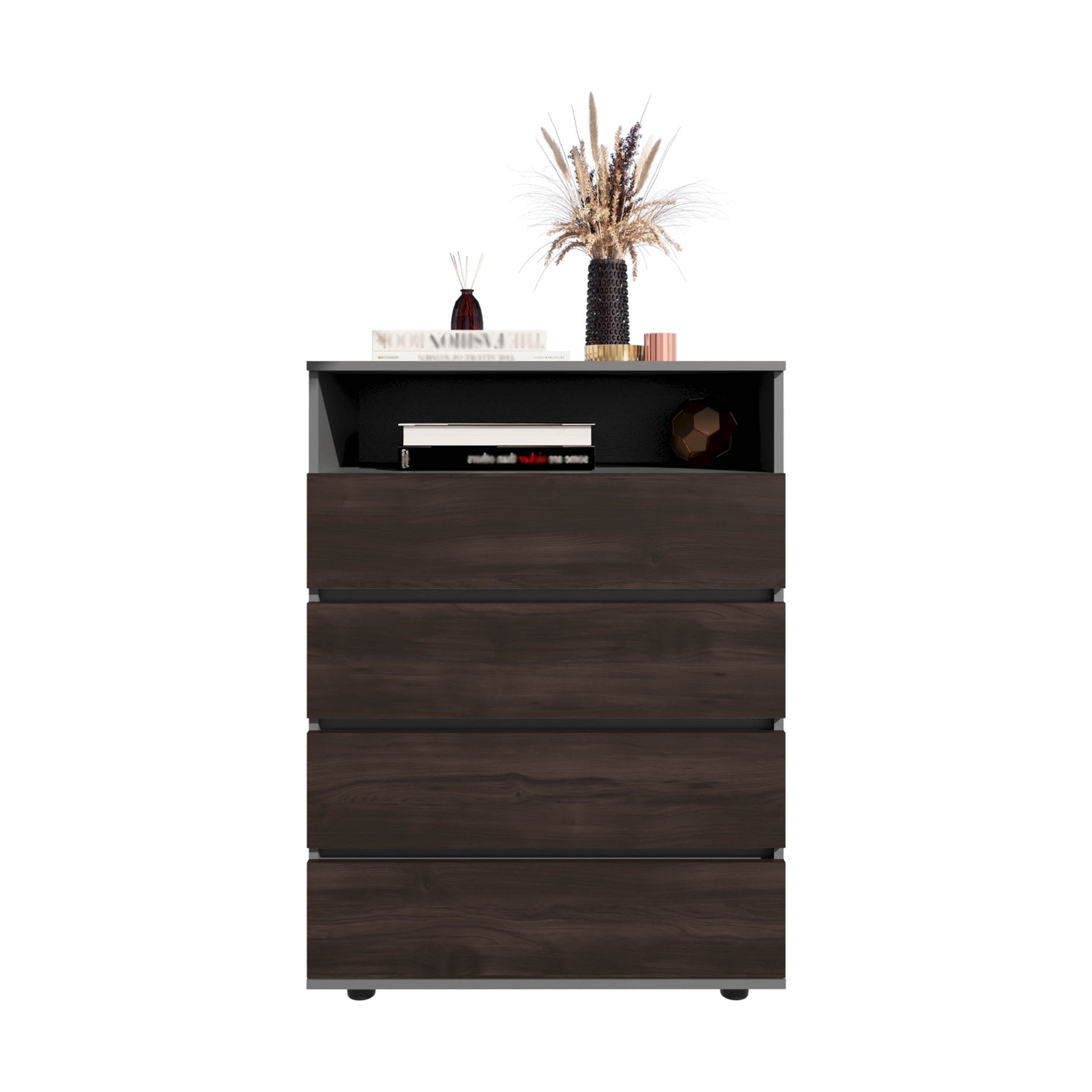 Dresser, 4 Drawers, 1 Shelf, Matt Gray / Dark Oak