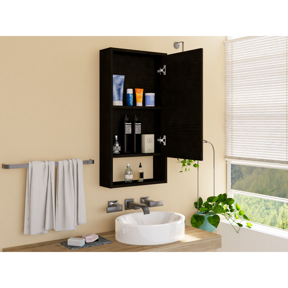 Medicine Single Door Cabinet 35" H, Two Interior Shelves, One External Shelf, Black