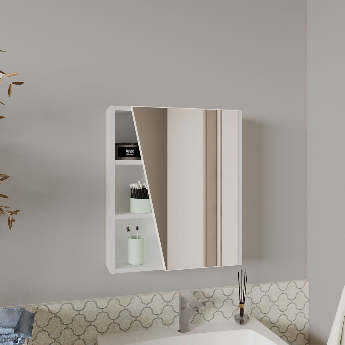Medicine Cabinet, 1 Door, 5 Shelves, 1 Mirror, White