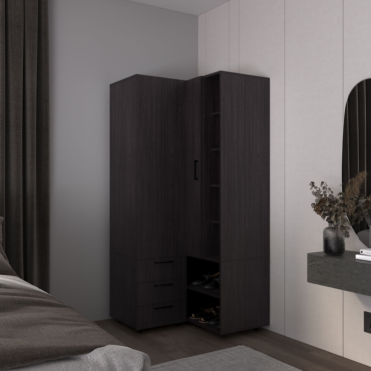 Armoire 70.9 inch H, 1 Door, 3 Drawers, 7 Shelves, 10 Legs, Black Wengue - Bedroom