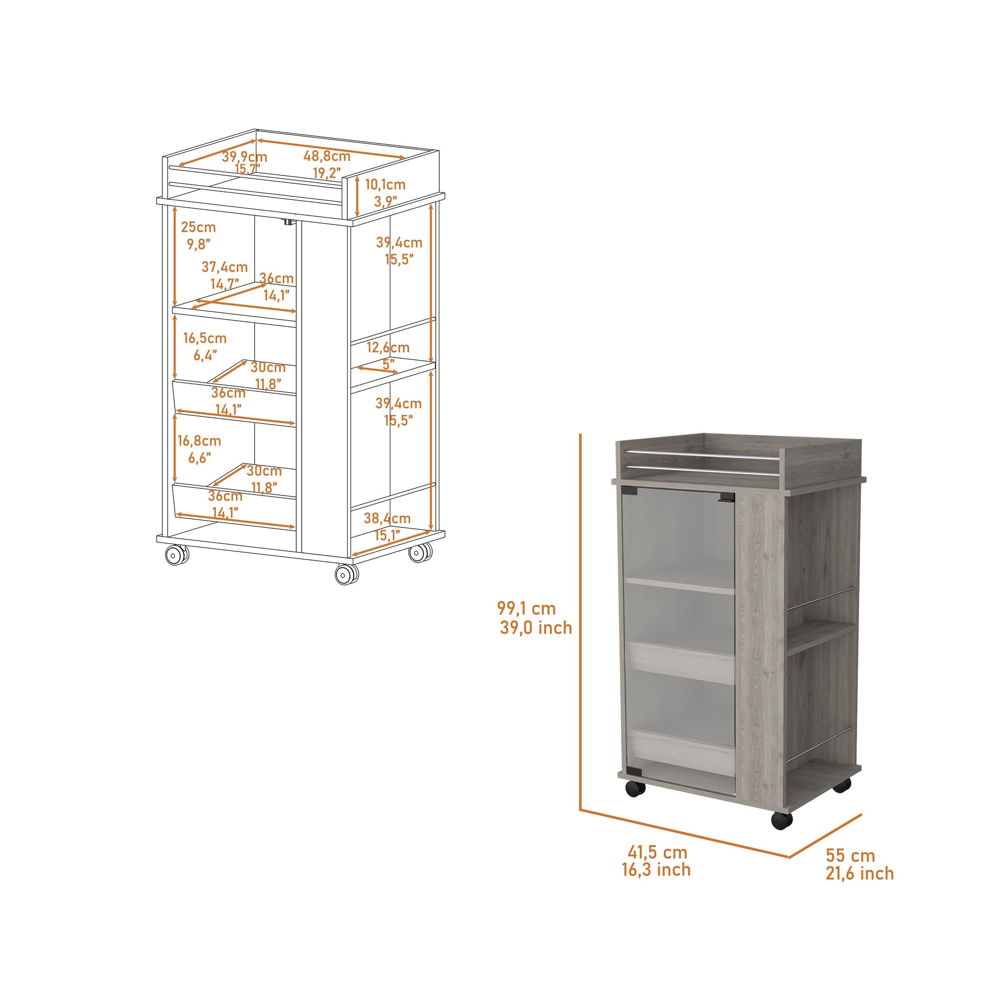 Lusk Bar Cart with 2-Bottle Holder Shelf, Glass Door and Casters