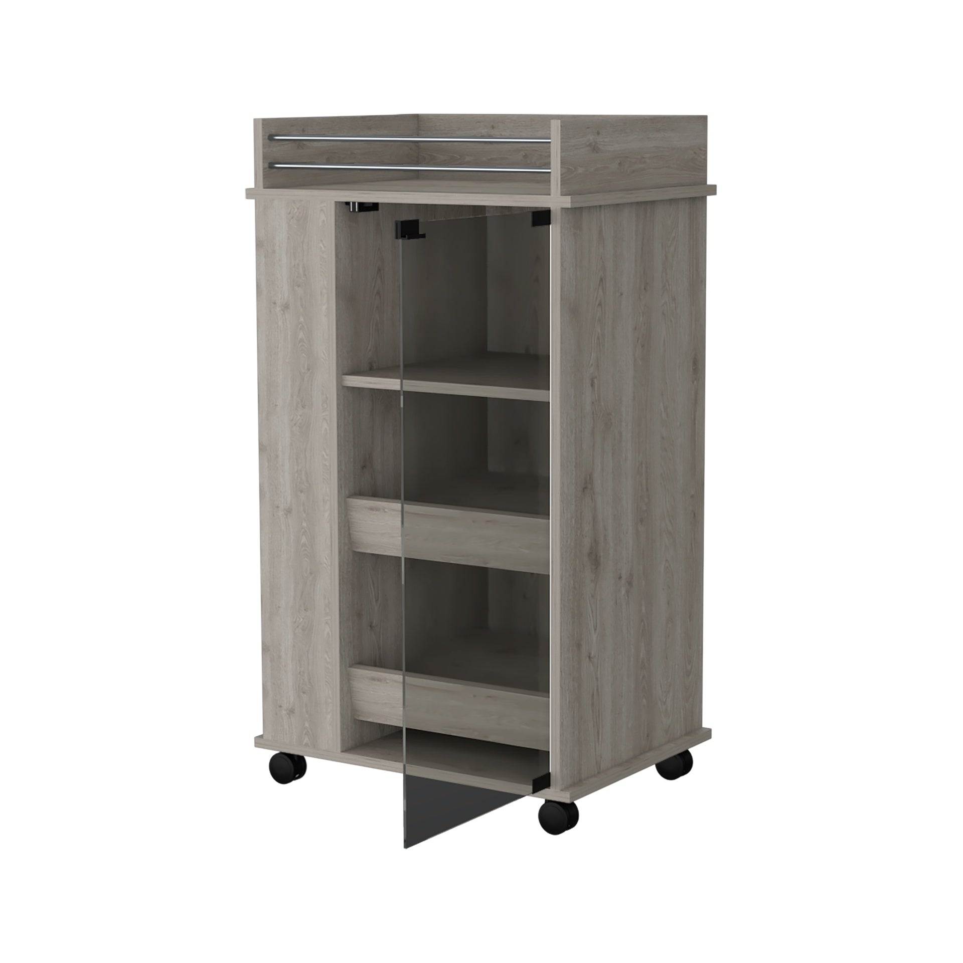 Lusk Bar Cart with 2-Bottle Holder Shelf, Glass Door and Casters