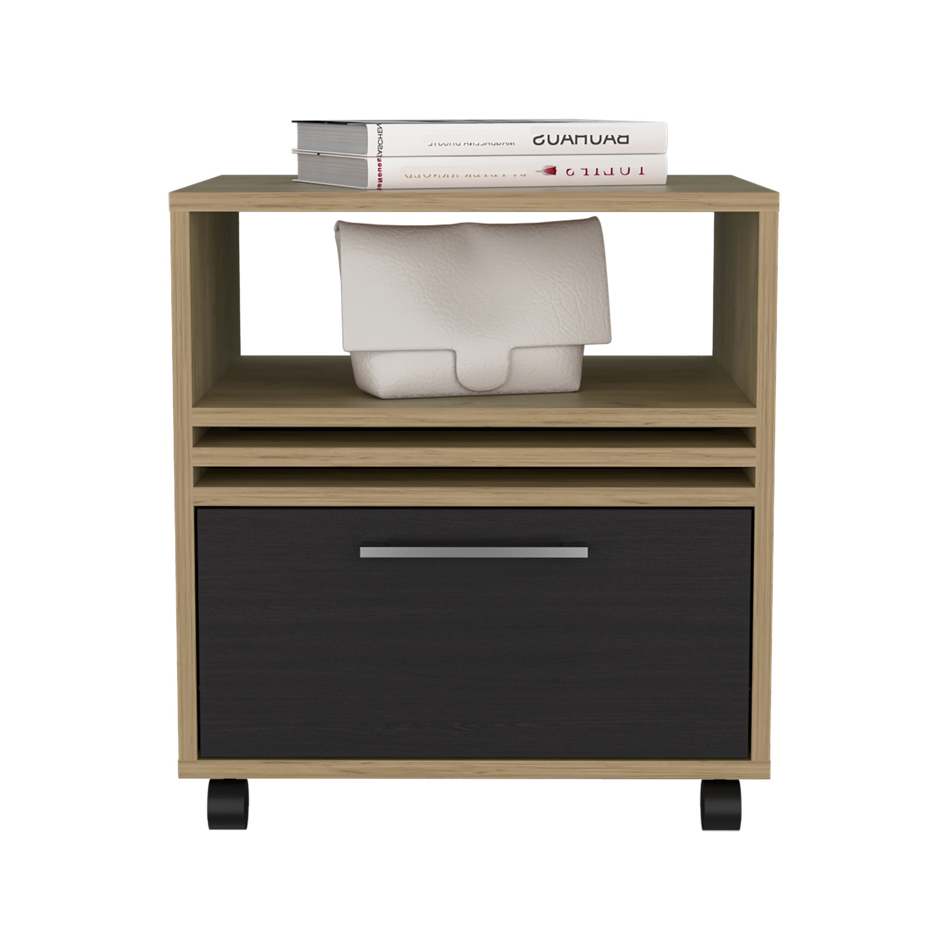 Nightstand, 1 Drawer, 4 Wheels, 1 Shelf, Natural Oak / Black