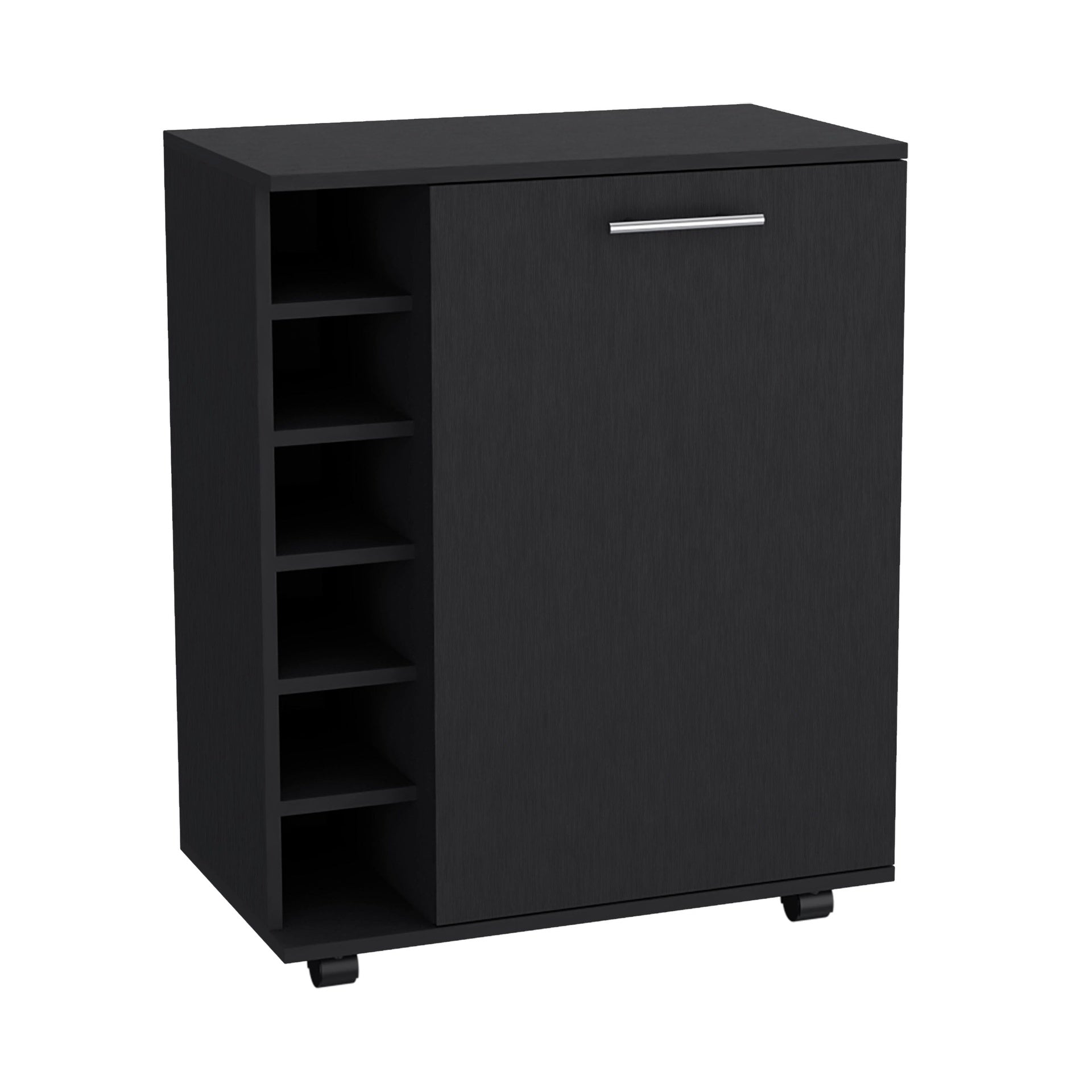Bar -coffee cart 32" H, Kitchen or living room cabinet storage with  4 wheels, with 6 bottle racks, a central shelf covered by 1 door, ideal for storing glasses and snacks, Black
