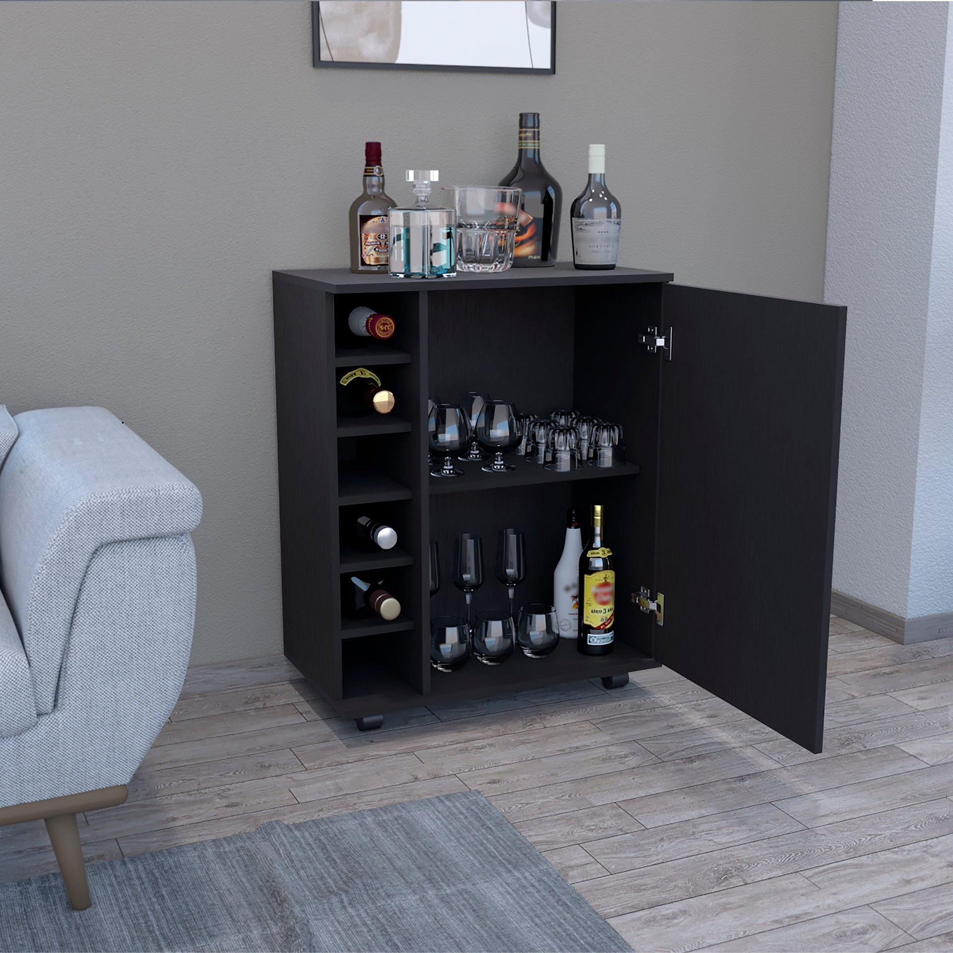 Bar -coffee cart 32" H, Kitchen or living room cabinet storage with  4 wheels, with 6 bottle racks, a central shelf covered by 1 door, ideal for storing glasses and snacks, Black