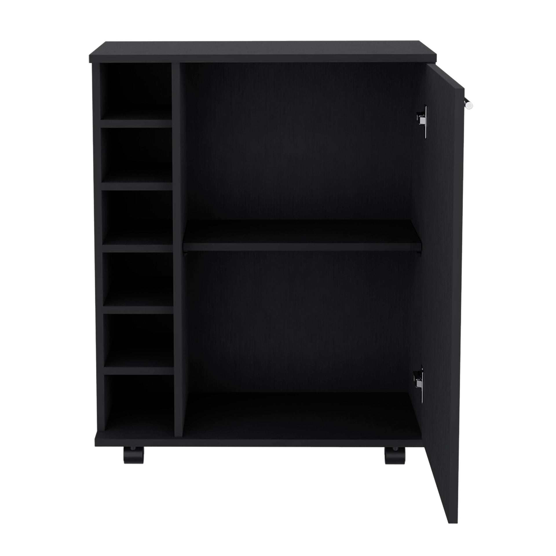 Bar -coffee cart 32" H, Kitchen or living room cabinet storage with  4 wheels, with 6 bottle racks, a central shelf covered by 1 door, ideal for storing glasses and snacks, Black