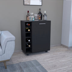 Bar -coffee cart 32" H, Kitchen or living room cabinet storage with  4 wheels, with 6 bottle racks, a central shelf covered by 1 door, ideal for storing glasses and snacks, Black