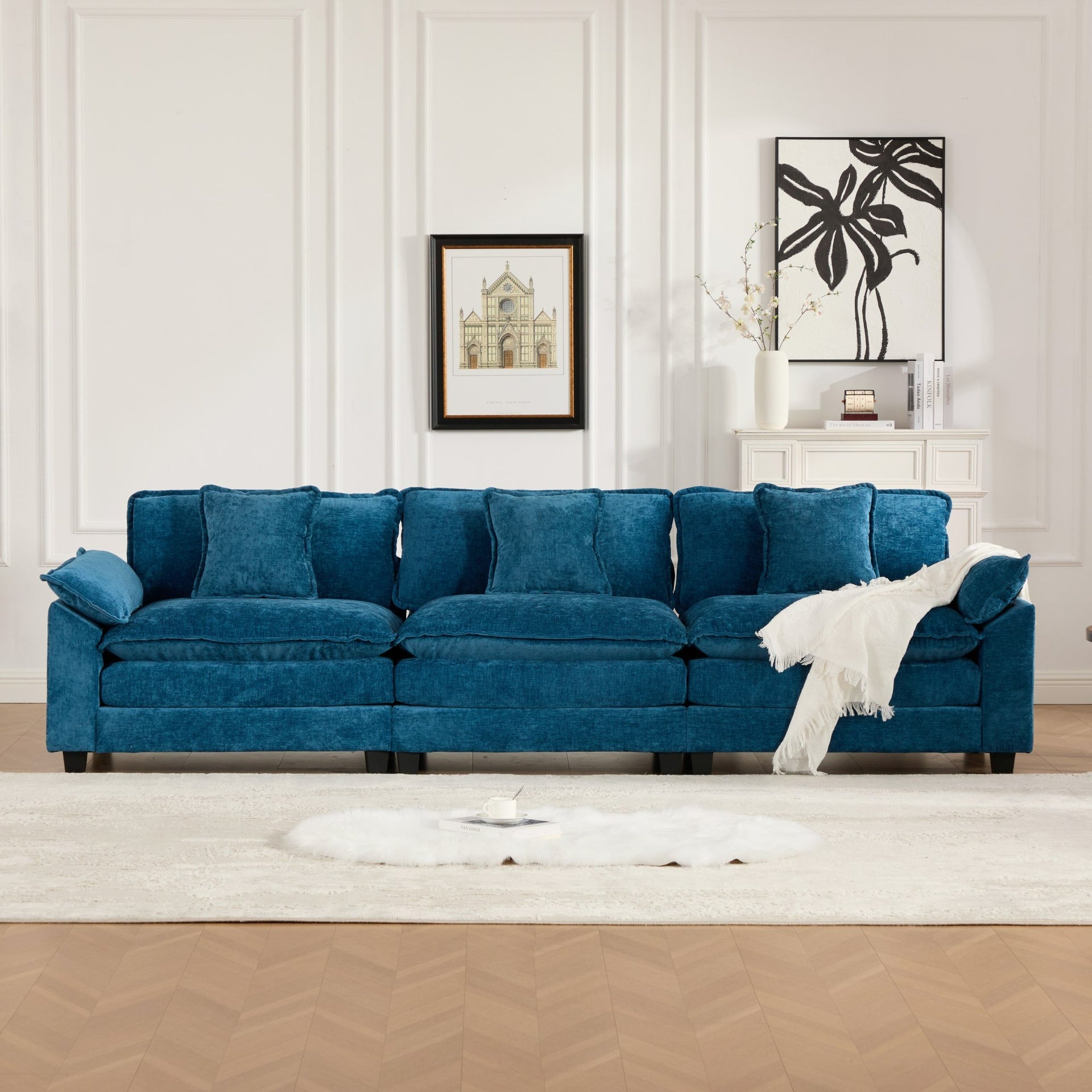 Wider Armrest 3 Seats (Ottoman is not included), Modern Sectional Couch, for Living Room Bedroom and Apartment, Comfy Double Layer Upholstered Seat Cushion, Breathable Chenille Fabric,Blue,SW5043BL