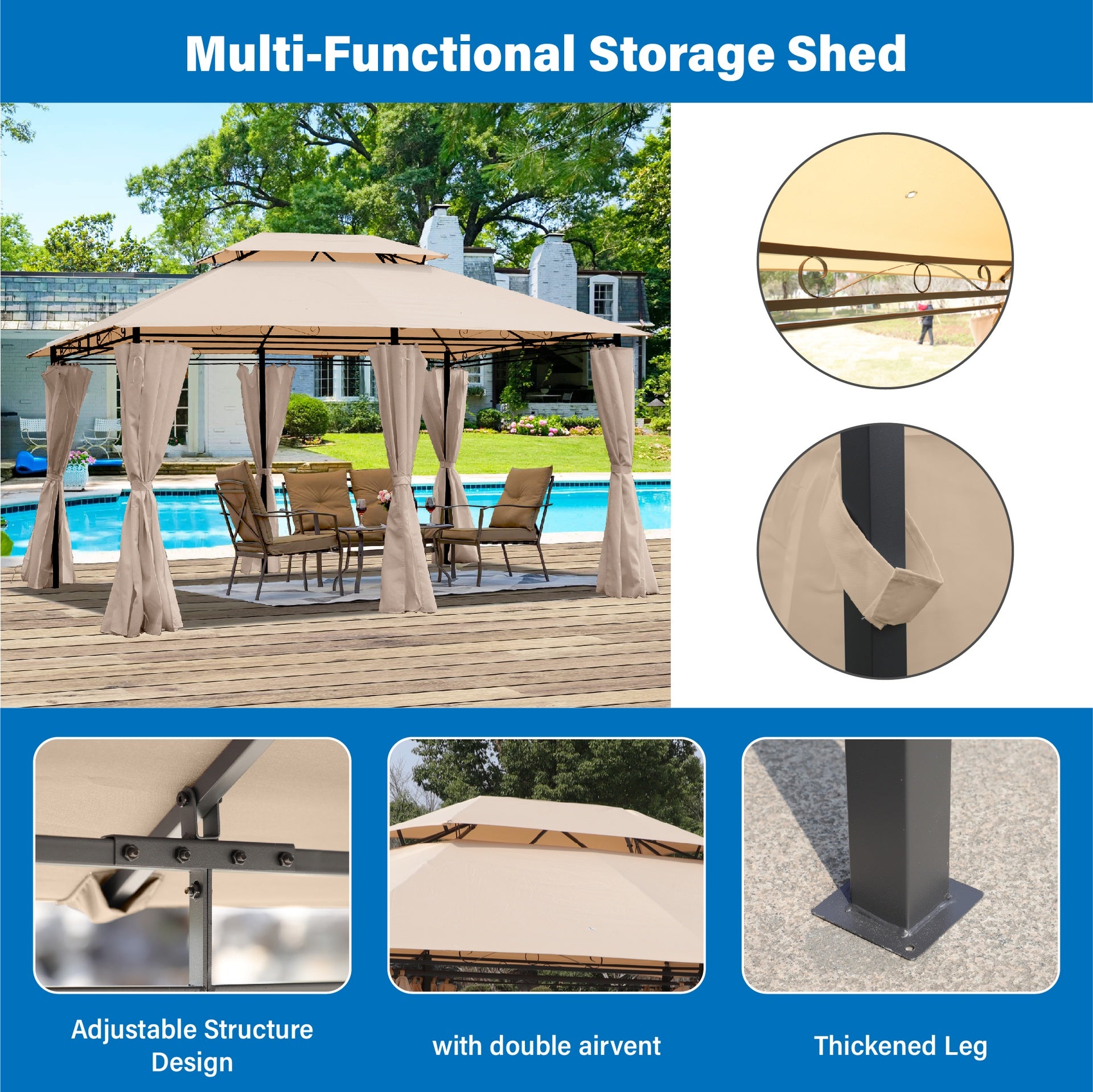 13x10 Outdoor Patio Gazebo Canopy Tent With Ventilated Double Roof And Mosquito net(Detachable Mesh Screen On All Sides),Suitable for Lawn, Garden, Backyard and Deck,KHAKI Top