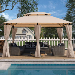 13x10 Outdoor Patio Gazebo Canopy Tent With Ventilated Double Roof And Mosquito net(Detachable Mesh Screen On All Sides),Suitable for Lawn, Garden, Backyard and Deck,KHAKI Top